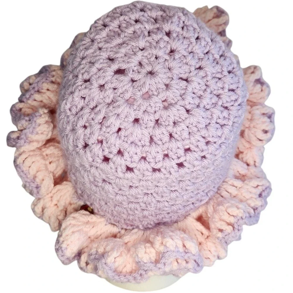 HANDMADE Crochet Ruffle Hat‎ Womens One Size Pink Purple Satin Lined Cap Bonnet